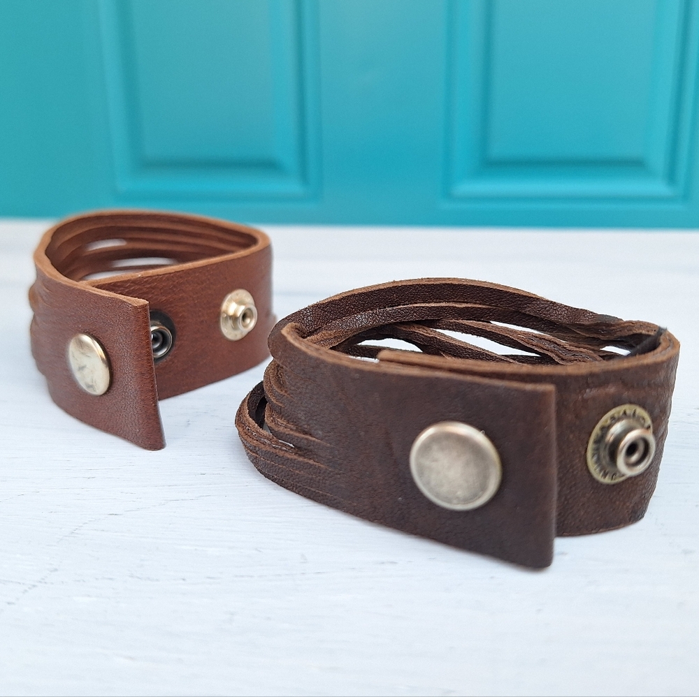 Vegan Leather Bracelets Metal Snap Studs Fringe Cut Vintage Y2k Set of 2